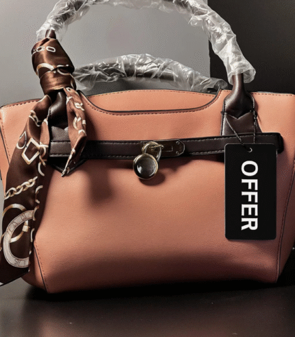 Elegant Blush Luxe Handbag – Spacious, Stylish & Gold-Detailed with Scarf Accent